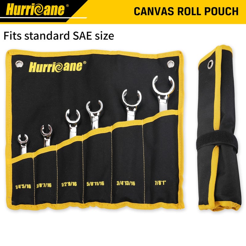 Hurricane مجموعة مفاتيح صمولة هوريكان، مجموعة مفاتيح خط الفرامل SAE مكونة من 6 قطع، بحجم من 1/4 إلى 1 بوصة، بزاوية انحراف 15 درجة مع طرفين مفتوحين وجراب منظم، لإصلاح وإزالة الصواميل على أنبوب الوقود في المساحات الضيقة - Image 3